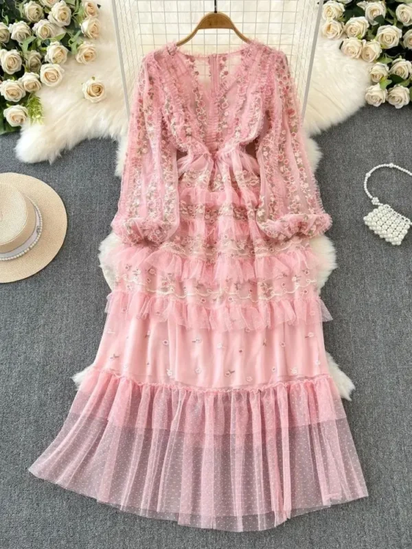 Sweet Fairy Pink Mesh Tulle V-Neck Flower Embroidery Ruffle Dress