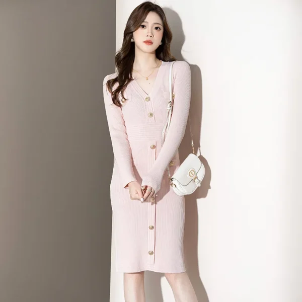 Spring Autumn Pink Knitted V-neck Button Long Sleeve Dress Women - Image 3
