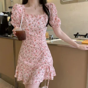 Summer Sweetheart Pink Mini Dress Ruffle High Waist Floral A-Line