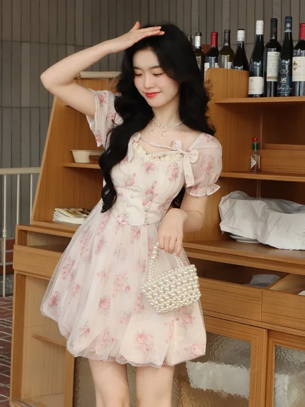 Pink Floral Dress Sweet Fairy Bodycon Elegant Party Mini Summer Fashion - Image 3