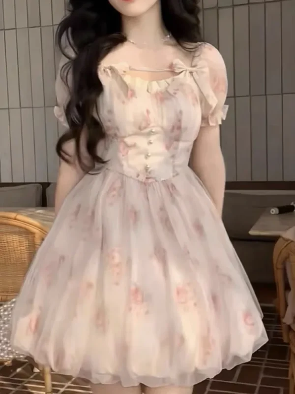 Pink floral dress, chic chiffon for spring and summer vacations