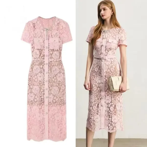 Luxury Pink Embroidery Lace Bodycon Midi Dress With Diamonds