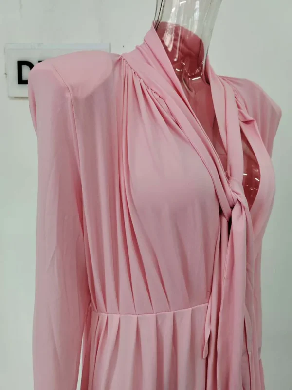 Pink floral dress, deep V-neck, long sleeve, ankle-length winter style - Image 2