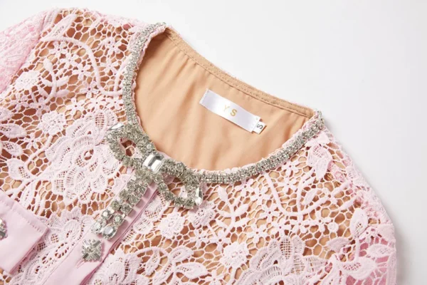 Luxury Pink Embroidery Lace Bodycon Midi Dress With Diamonds - Image 6