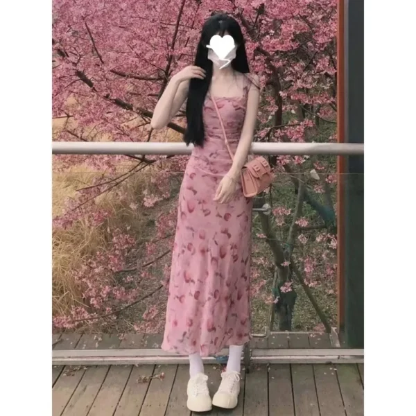 Elegant Pink Tank Dress Women Summer Waist-Fitted Long Skirt Floral