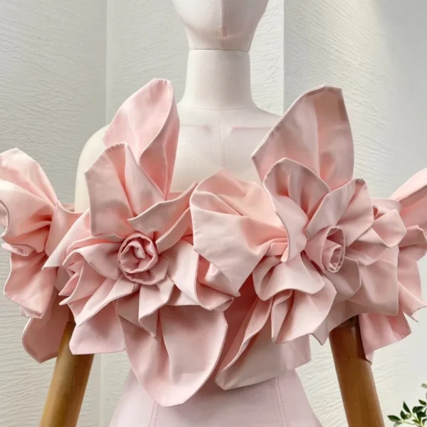 High-Quality Pink Floral Dress, Backless Off-Shoulder for Party - Image 4