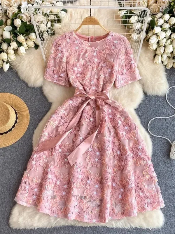 Pink Floral Dress Elegant Sequined Mesh Short Sleeve Party Prom Gown