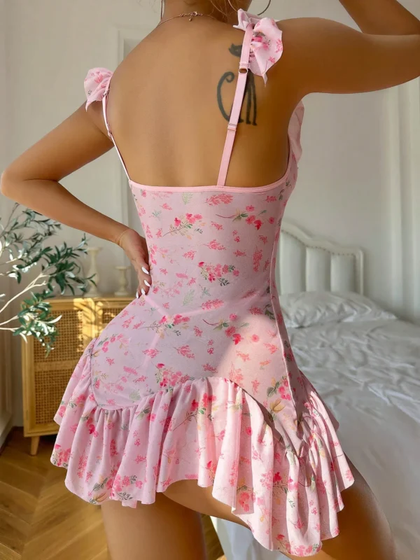 Pink Floral Dress Elegant Korean Style Pleated Fit And Flare - Image 5