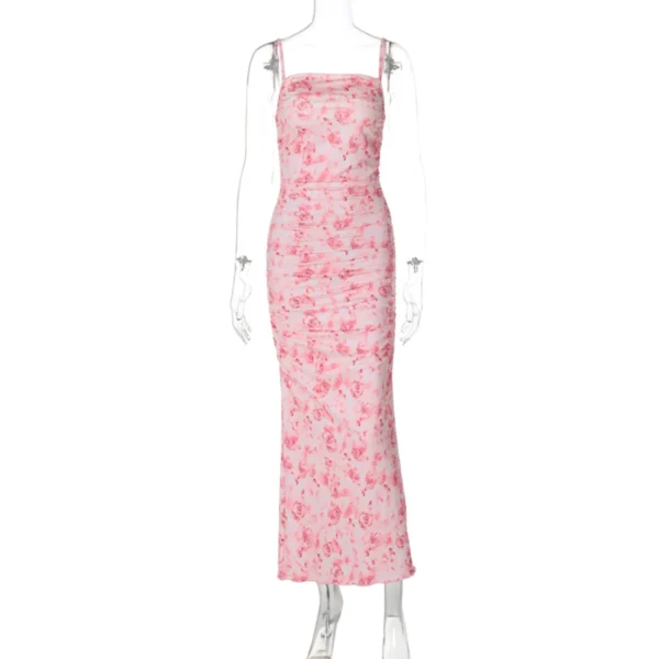 Sexy Pink Floral Ruched Mesh Bodycon Midi Dress For Party - Image 2