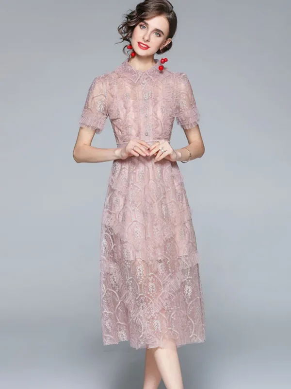 Elegant Pink Mesh Embroidery Ruffle Midi Party Dress For Women - Image 2