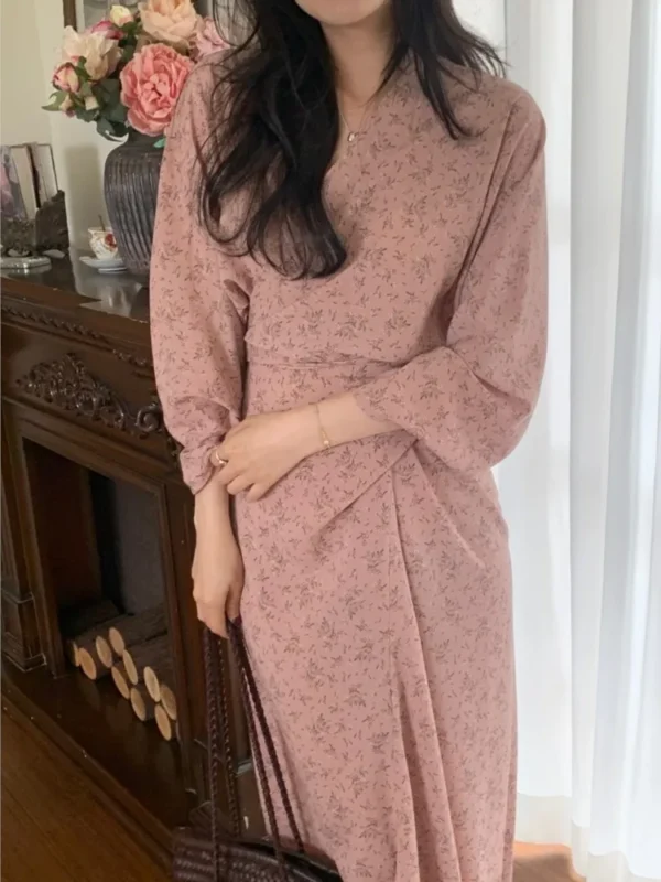Elegant Pink Floral V-Neck Maxi Dress For Spring Office Ladies - Image 3