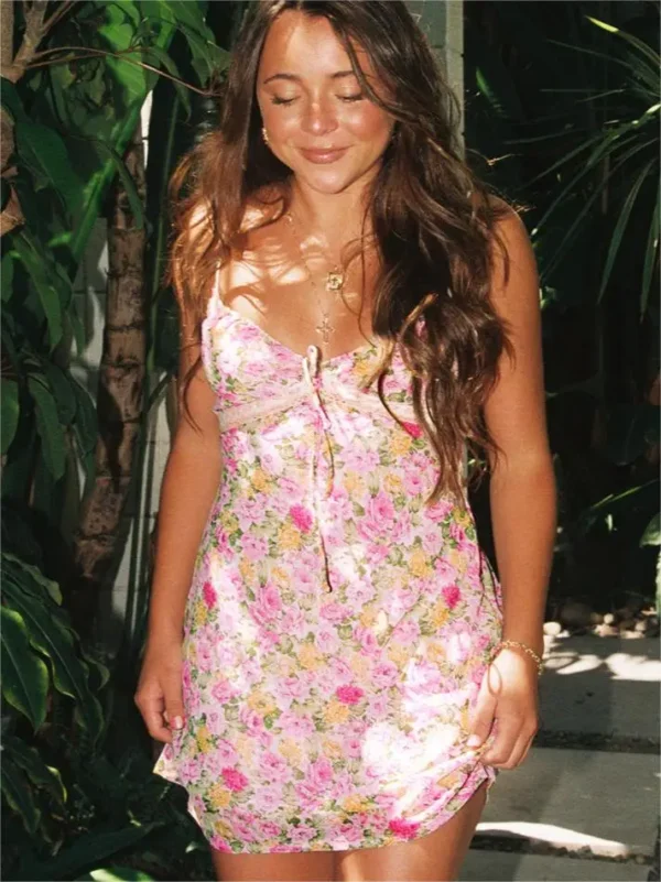 Summer 2025 Women One-Piece Pink Floral Mini Vacation Dress