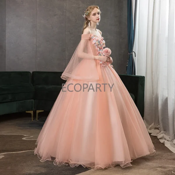 Fashion Photographic Studio Pink Mesh Applique Evening Wedding Dress - Image 3