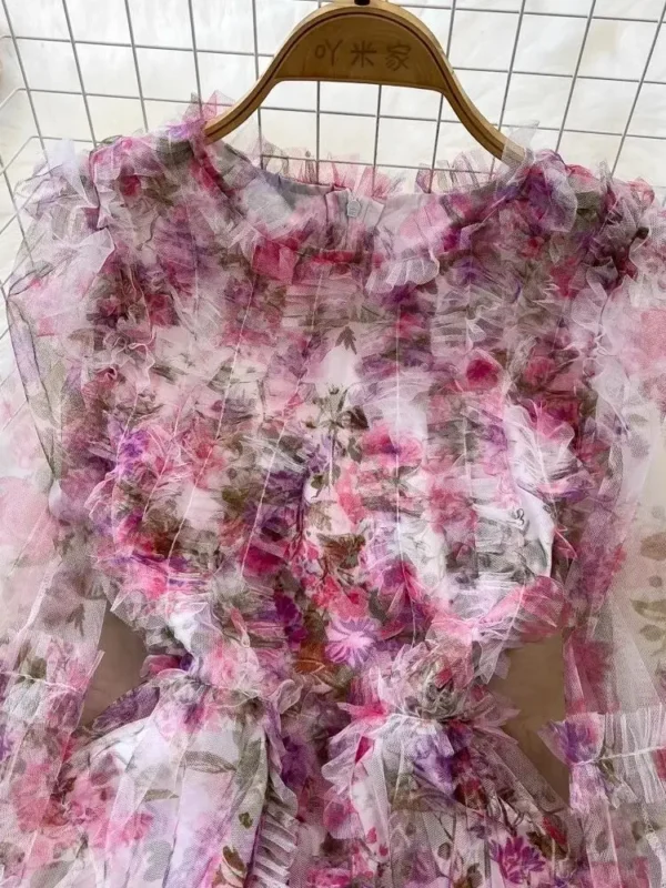 Fashion Gorgeous Pink Floral Print Ruffle Dress With Butterfly Sleeves - Image 3