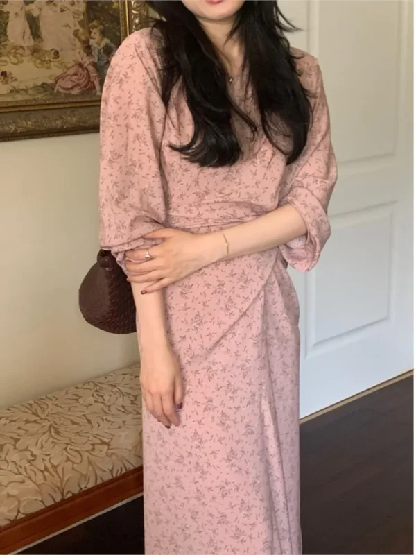 Elegant Pink Floral V-Neck Maxi Dress For Spring Office Ladies - Image 6