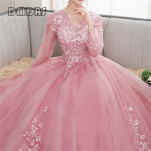 Pink Floral Dress Tulle Lace Appliques Ball Gown Formal Prom Party