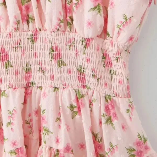 Sexy Pink Flower Print Elastic Strap Shoulder A-Line Dress For Women - Image 3