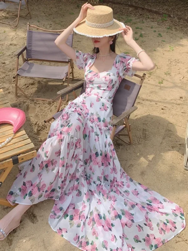 Women Elegant Floral Vintage Maxi Dress Square Neck A-Line Summer - Image 4
