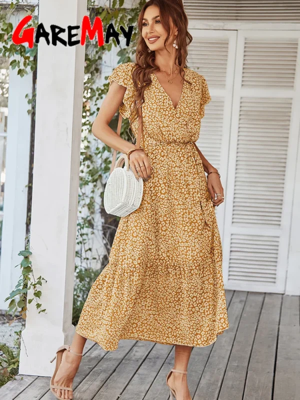 Elegant Pink Floral Chiffon Long Sleeve Midi Dress For Summer Casual Party Wear - Image 6