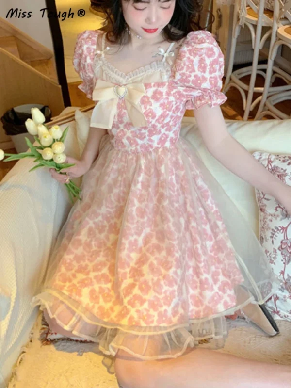 Lace Lolita Print Pink Bow Floral Y2K Sweet Party Mini Dress Women - Image 4