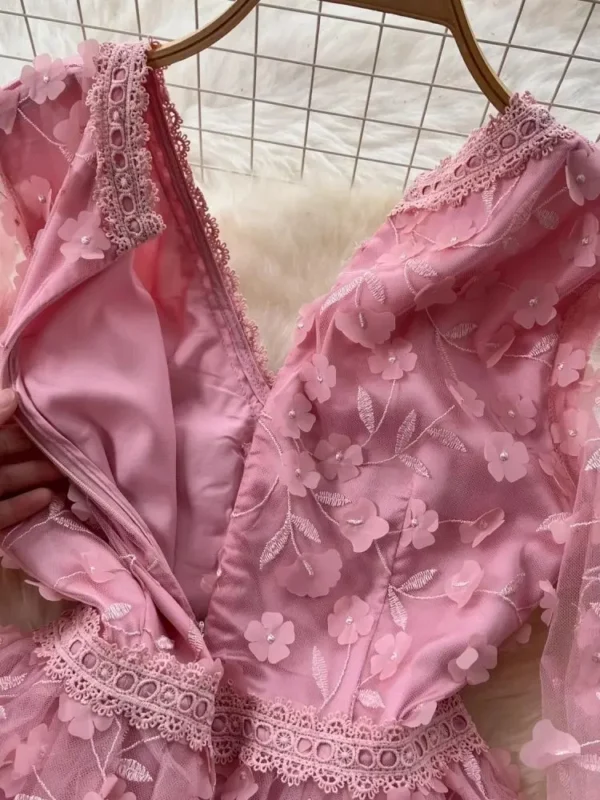Pink Floral Dress, V-Neck Sheer Mesh for Wedding, Party, Prom - Image 3