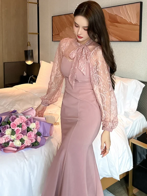Pink Floral Dress Lace Sheer Hook Maxi Party Dress Long Elegant Vestidos - Image 3