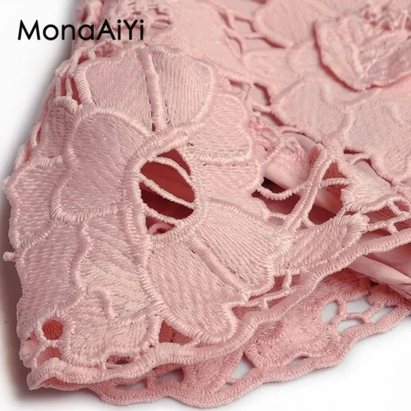 MonaAiYi Summer Fashion Pink Embroidery Hollow Out Belt Dress Women - Image 3