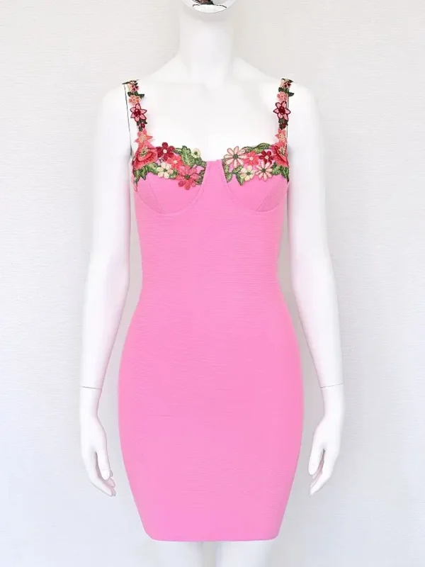 Pink floral dress, elegant mini party bandage dress for weddings - Image 4