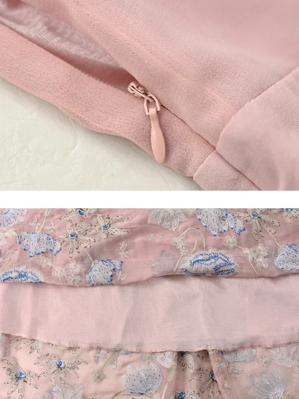 Pink Floral Dress: Autumn Winter Embroidery Ruffled Collar Casual Long Gown - Image 5