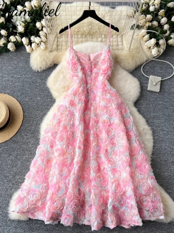 Sweet 3D Floral Embroidery Pink Tulle Dress For Wedding Parties - Image 2