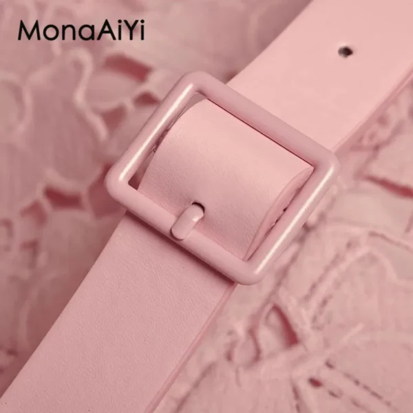 MonaAiYi Summer Fashion Pink Embroidery Hollow Out Belt Dress Women - Image 4