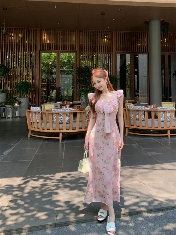 Pink Floral V-Neck A-Line Dress For Women’s Slim Elegant Summer Wear - Image 6