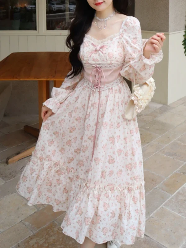 2025 Spring Pink Floral Bandage Lace Print Puff Sleeve Elegant Dress - Image 3