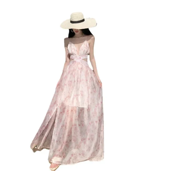 Pink Floral Ruched Tank Dress For Women’s Elegant Summer Vacation Wear - Image 5