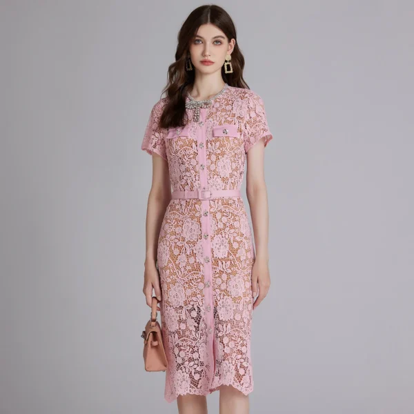 Luxury Pink Embroidery Lace Bodycon Midi Dress With Diamonds - Image 2
