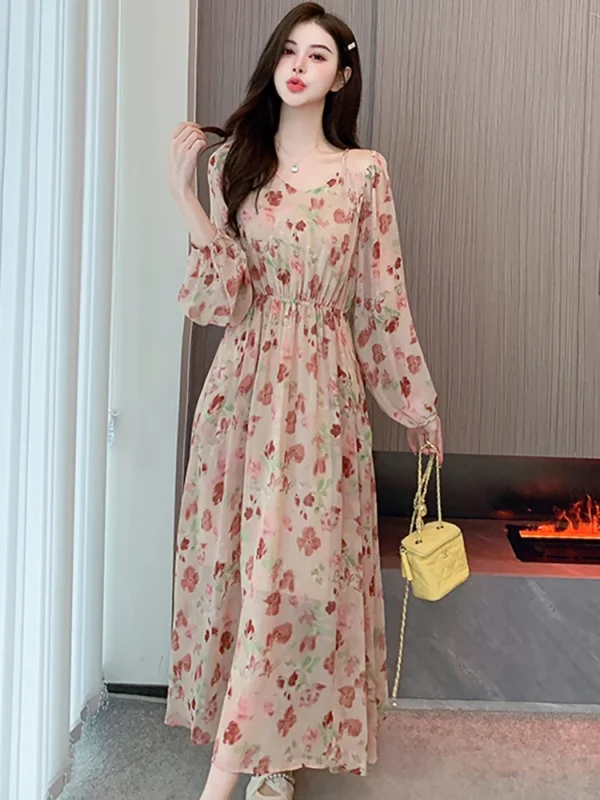 Spring Autumn Pink Floral Chiffon Casual Beach Long Dress Women - Image 2