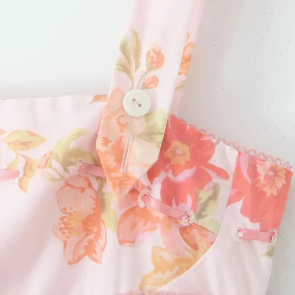 Pink Floral Dress Cross Ribbon Slim Low Waist A-Line Swing Midi - Image 2
