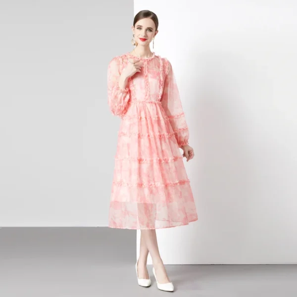 Pink Floral Dress: Elegant Autumn Chiffon Bohemian Maxi Dress