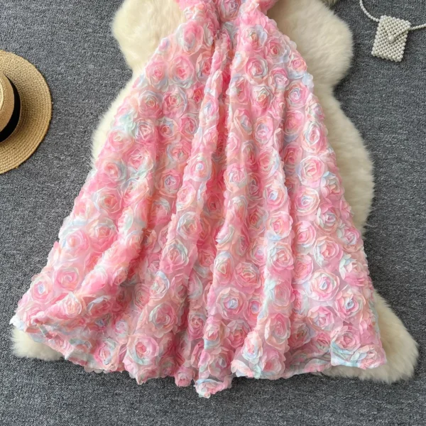 Colorful 3D Embroidered Mesh Flower V-Neck Spaghetti Strap Gown - Image 3