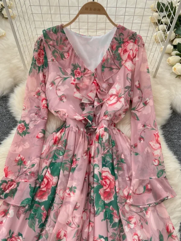 Spring Women’s Flower Printed V-Neck A-Line Long Dress With Flare Sleeves - Image 4