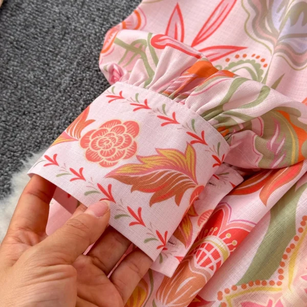 Elegant Pink Floral Long Sleeve Dress Women Spring Summer Linen - Image 5
