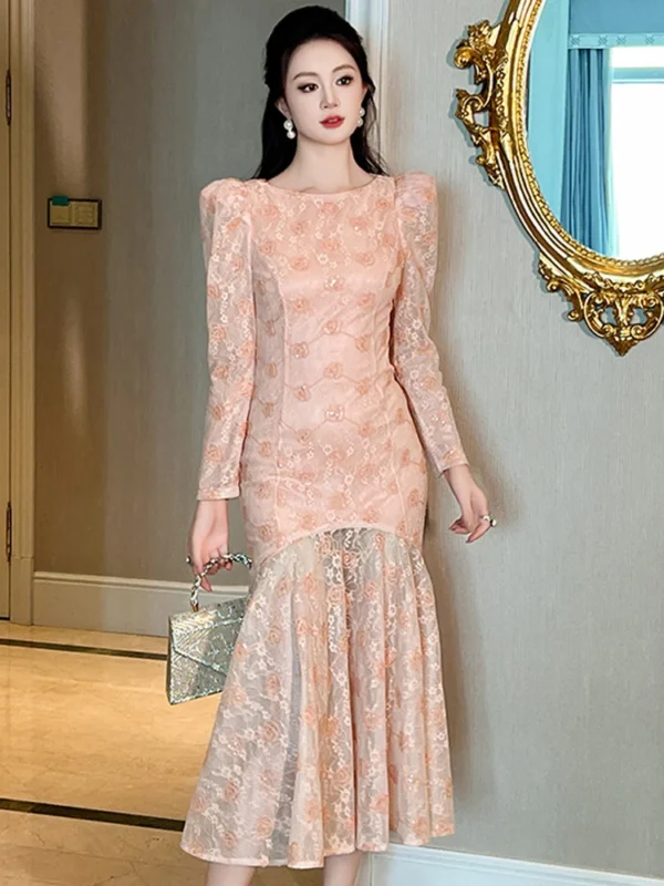 Sweet Pink Lace Puff Sleeve Mermaid Dress For Elegant Party Events