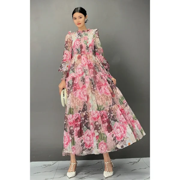 Pink Floral Printed Long Sleeve Lace Collar Casual Swing Dress - Image 4