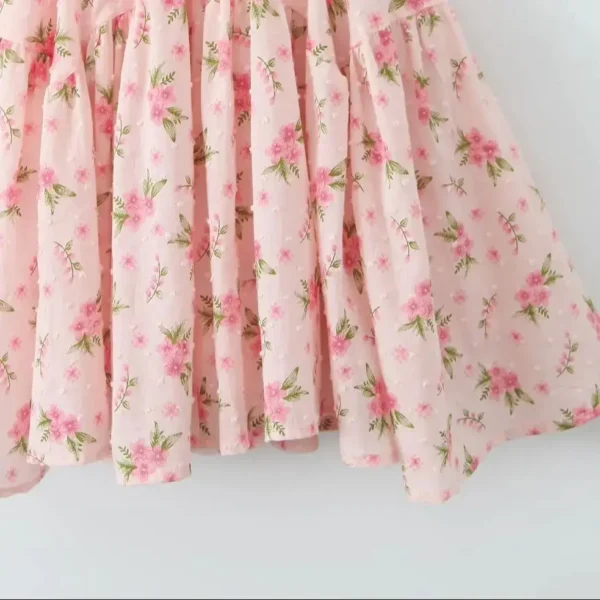 Sexy Pink Flower Print Elastic Strap Shoulder A-Line Dress For Women - Image 4
