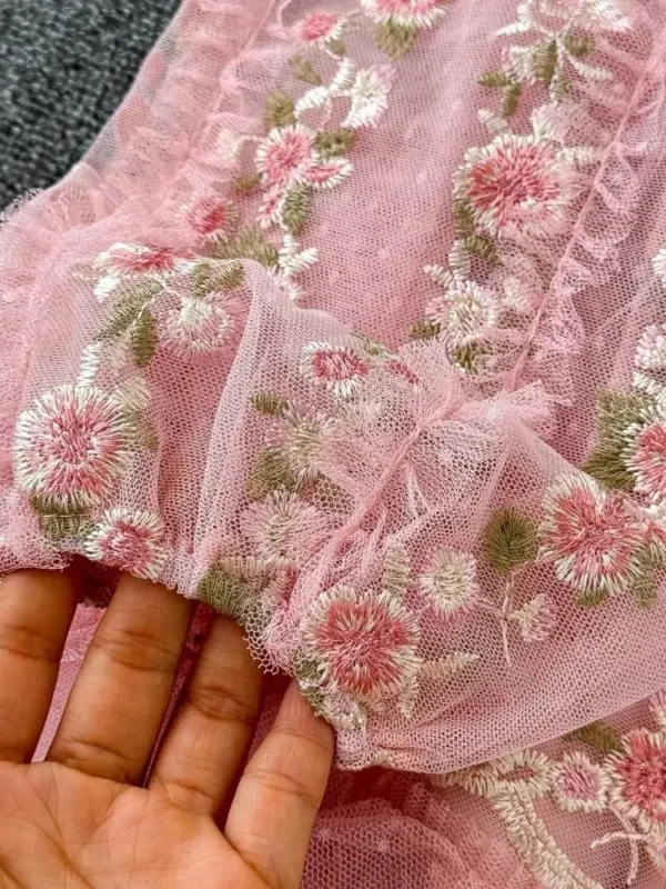 Sweet Fairy Pink Mesh Tulle V-Neck Flower Embroidery Ruffle Dress - Image 5