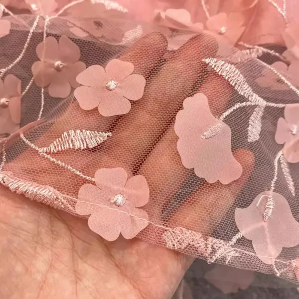 Elegant pink floral dress with 3D beading, mesh, and embroidery - Image 6