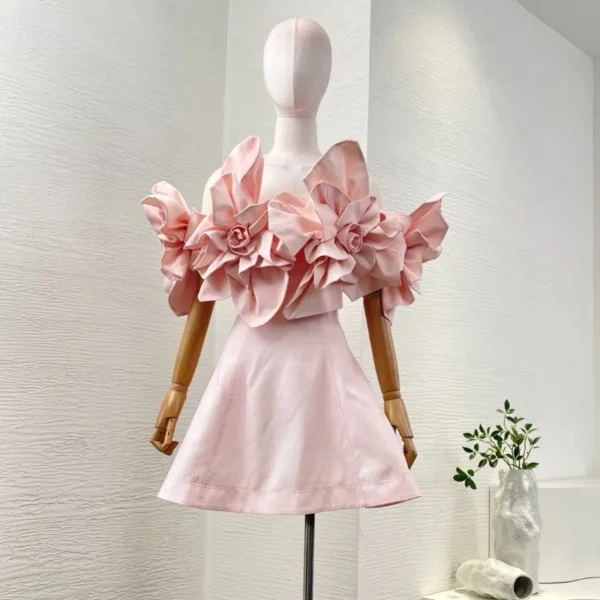 High-Quality Pink Floral Dress, Backless Off-Shoulder for Party