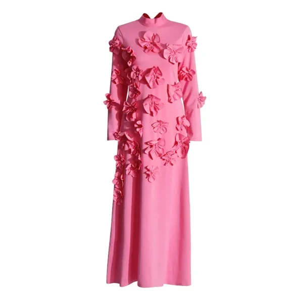 Elegant Pink Floral Polo Neck Long Dress Autumn European Style - Image 5