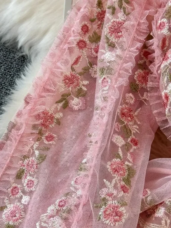 Sweet Fairy Pink Mesh Tulle V-Neck Flower Embroidery Ruffle Dress - Image 6
