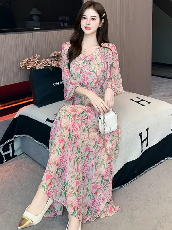 Spring Autumn Pink Floral Chiffon Casual Beach Long Dress Women - Image 5